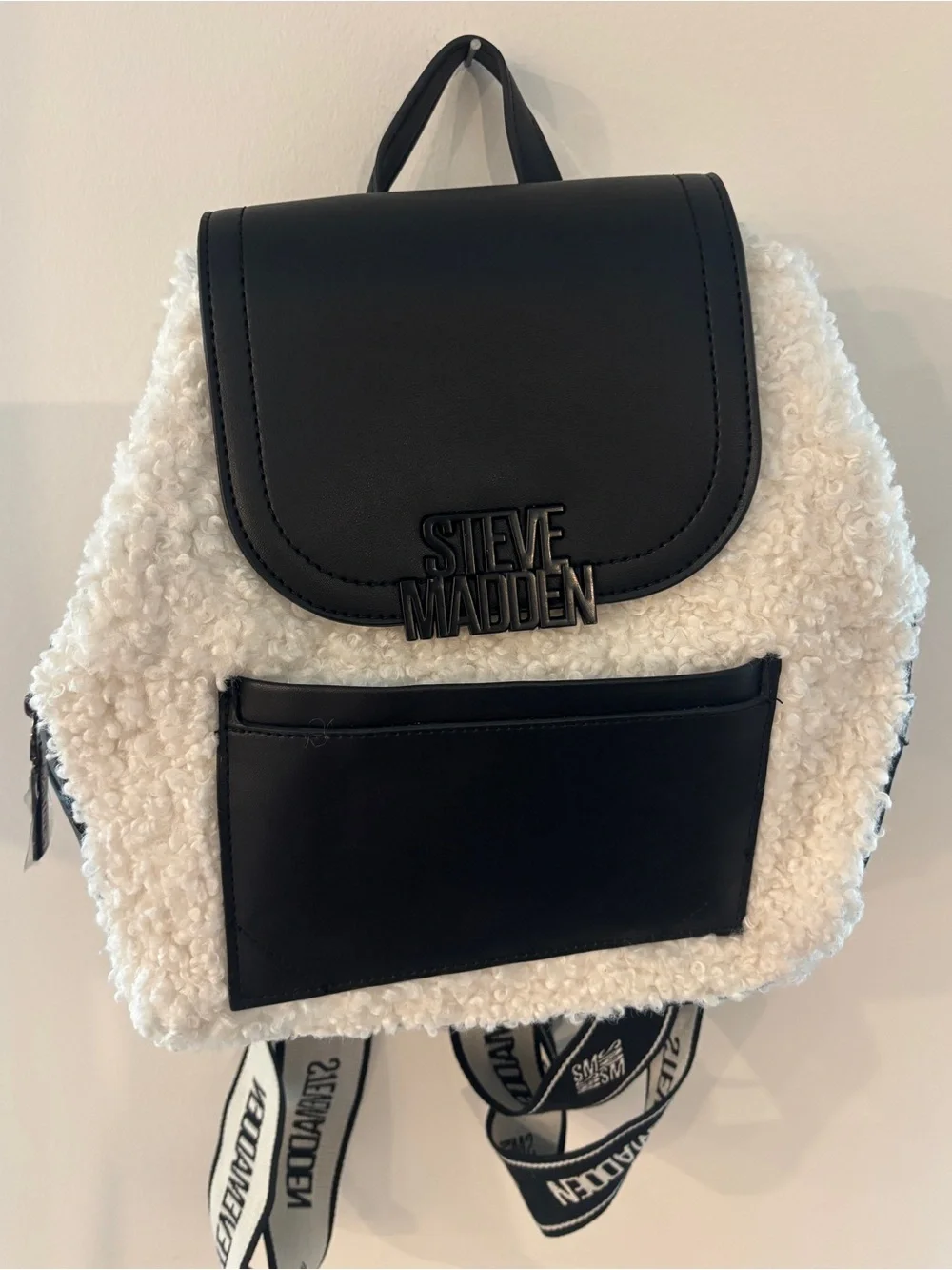 NWT Steve Madden Black/Cream Faux-Shearling Backpack BMAKENNA Retail $98